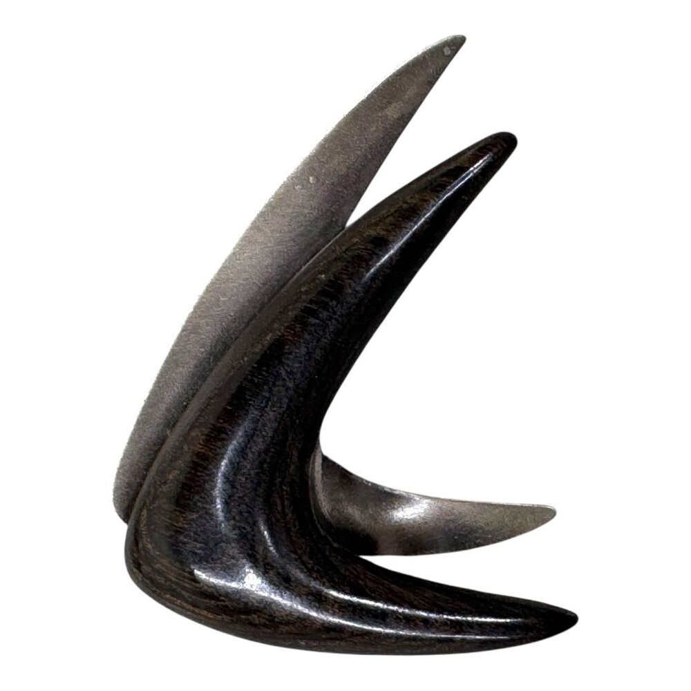 Vtg Abstract Modernist Brooch Pin Boomerang MCM Artistic Design 2.5" Silver Wood